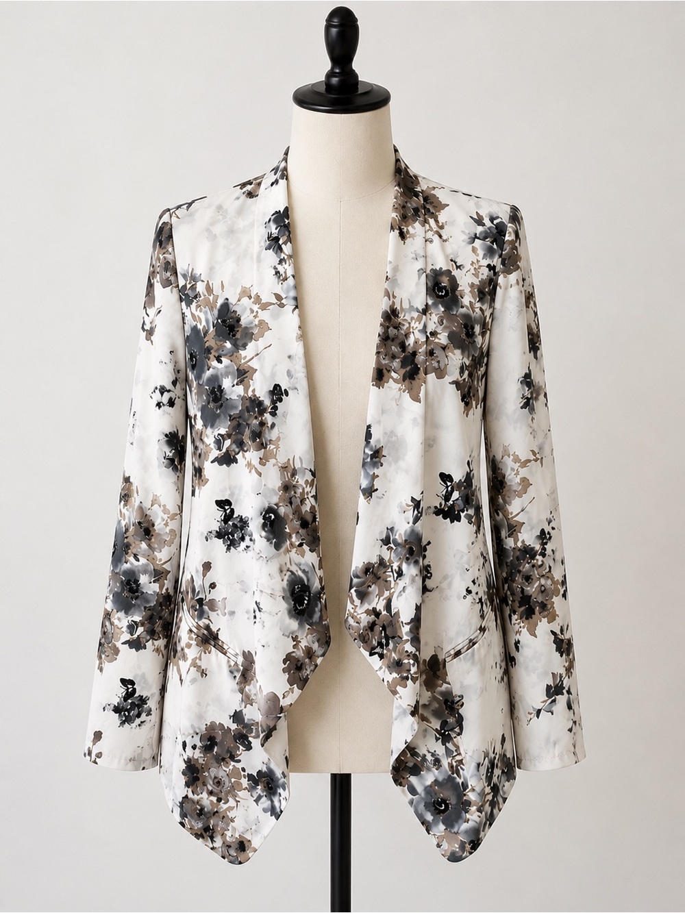 Astr Floral Open-Front Blouse in White, Brown & Gray